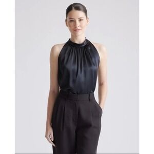 Quince Womens Black 100% Washable Silk Halter Top High Neck Blouse Size Medium